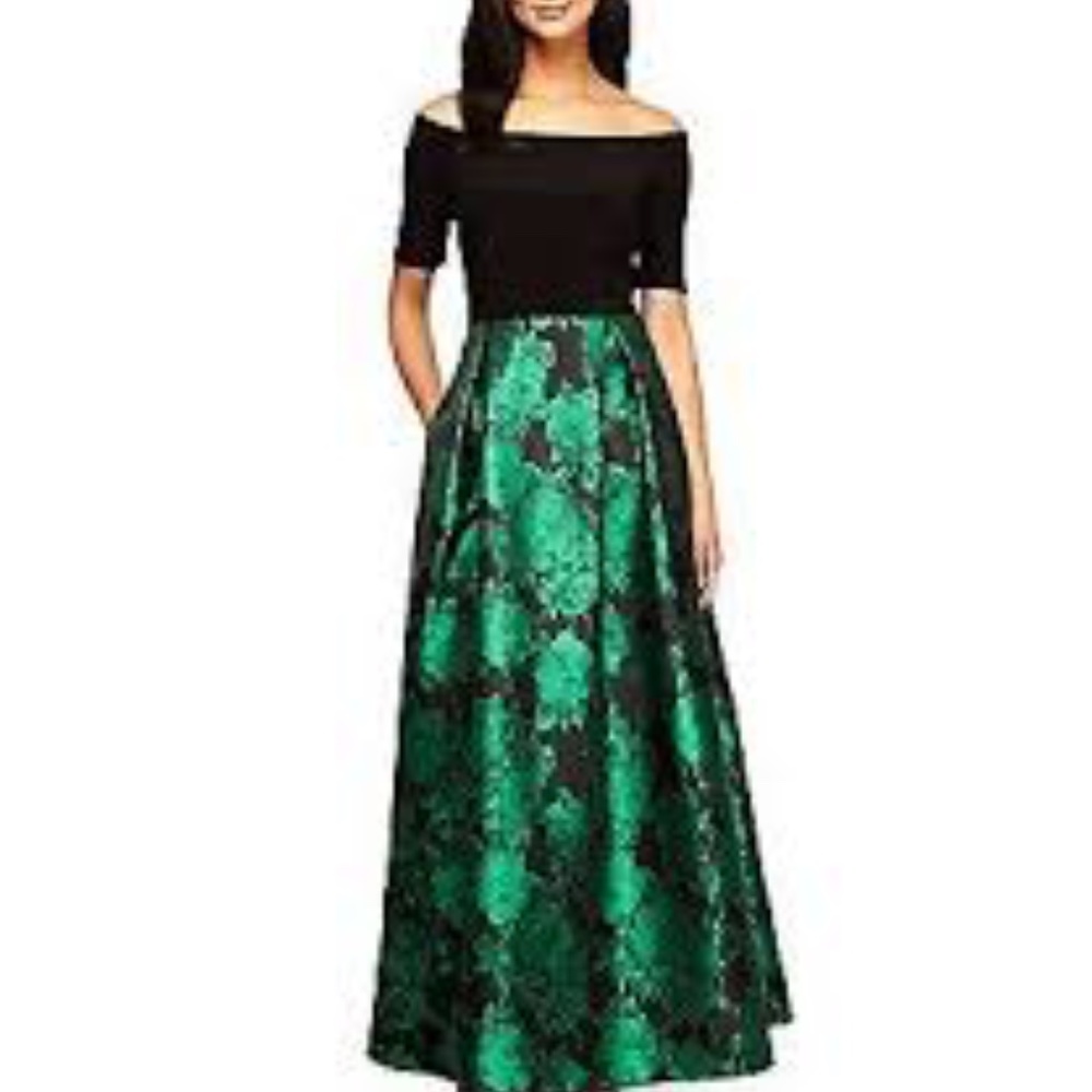 Alex Evenings Rose Print Off Shoulder Gown